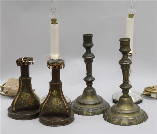 Three assorted pairs of candlesticks, largest 24.5cm